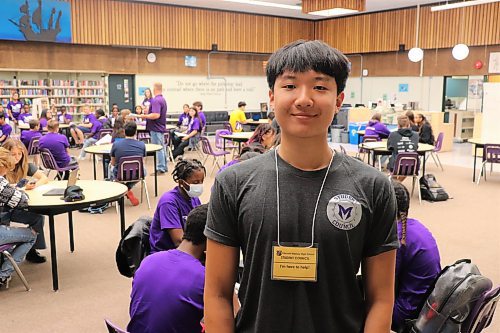 Vincent Massey High School student council president James Li poses for a photo on Wednesday, the first day of the Brandon School Division's 2022-23 academic year. (Kyle Darbyson/The Brandon Sun) 