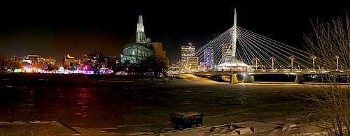 The Great Ice Show at The Forks, the Canadian Museum for Human Rights, Esplanade Riel and downtown, in 10+ image panorama, Friday, February 12, 2016. (TREVOR HAGAN/WINNIPEG FREE PRESS)