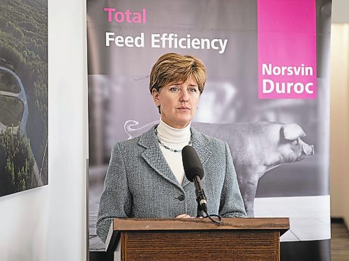JESSICA LEE / WINNIPEG FREE PRESS



Agriculture and Agri-Food Canada Minister Marie-Claude Bibeau is photographed making a speech on November 19, 2021 at the Topigs Norsvin Canada office. The governments of Canada and Manitoba are investing $2.2 million in three agricultural research projects which will be conducted by Topigs Norsvin.



Reporter: Martin