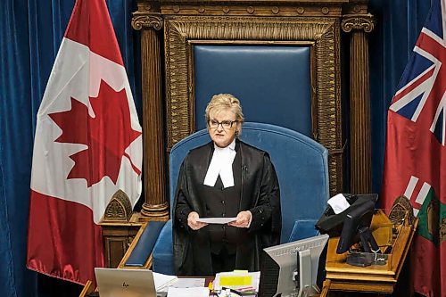 MIKE DEAL / WINNIPEG FREE PRESS

Speaker of the Legislative Assembly of Manitoba, Myrna Driedger, delivers the first-ever instance of a land acknowledgement as part of the formal proceedings of the legislative assembly of Manitoba Monday afternoon.

211129 - Monday, November 29, 2021.