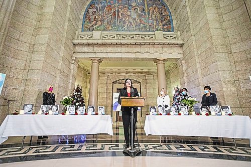 MIKAELA MACKENZIE / WINNIPEG FREE PRESS



Premier Heather Stefanson speaks as Cathy Cox (left), Rochelle Squires, Audrey Gordon, and Janice Morley-Lecomte listen at a ceremony for the National Day of Remembrance and Action on Violence Against Women at the Manitoba Legislative Building in Winnipeg on Monday, Dec. 6, 2021. For Danielle (?) story.

Winnipeg Free Press 2021.