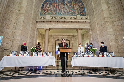 MIKAELA MACKENZIE / WINNIPEG FREE PRESS



Premier Heather Stefanson speaks as Cathy Cox (left), Rochelle Squires, Audrey Gordon, and Janice Morley-Lecomte listen at a ceremony for the National Day of Remembrance and Action on Violence Against Women at the Manitoba Legislative Building in Winnipeg on Monday, Dec. 6, 2021. For Danielle (?) story.

Winnipeg Free Press 2021.