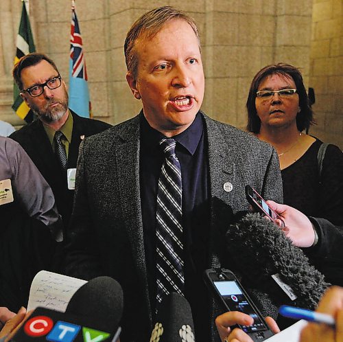 BORIS MINKEVICH / WINNIPEG FREE PRESS

Manitoba provincial budget post scrums at the Leg.

Manitoba Federation of Labour president Kevin Rebeck is interviewed by loads of reporters. March 20, 2017 170320