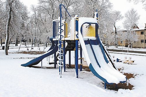 Brandon Sun Playground equipment in Stanley Park lies covered in snow early Saturday morning, around 8:45 a.m. (Kyle Darbyson/The Brandon Sun)