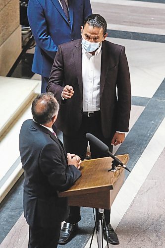 MIKE DEAL / WINNIPEG FREE PRESS

Selkirk MLA Alan Lagimodiere Manitoba's new minister responsible for Indigenous affairs is confronted by Opposition leader Wab Kinew while making a statement to the press about residential schools. 

210715 - Thursday, July 15, 2021