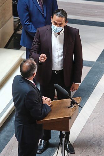 MIKE DEAL / WINNIPEG FREE PRESS

Selkirk MLA Alan Lagimodiere Manitoba's new minister responsible for Indigenous affairs is confronted by Opposition leader Wab Kinew while making a statement to the press about residential schools. 

210715 - Thursday, July 15, 2021