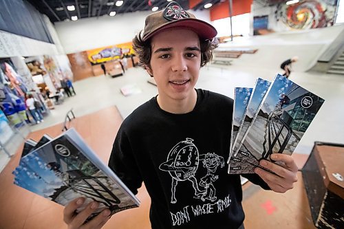 Daniel Crump / Winnipeg Free Press. Jackson Toone, creator of the Don&#x2019;t Waste Time skateboarding zine, holds up holds up copies of the zine&#x2019;s latest issue, issue #5, prior to the launch party at The Edge Skatepark in downtown Winnipeg on Saturday. December 11, 2021.