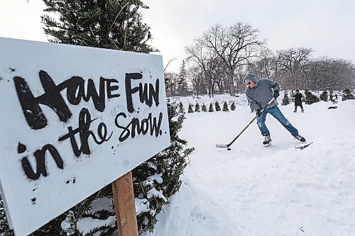 Daniel Crump / Winnipeg Free Press. A person skates on a cleared section of the Assiniboine River near Wolseley on Saturday afternoon. January 15, 2022.