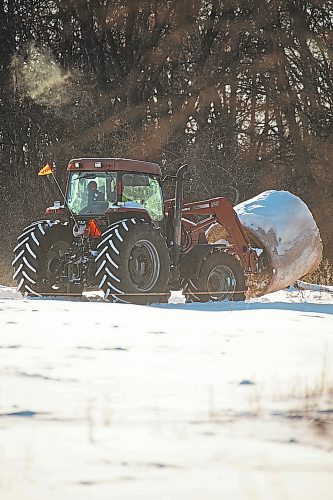 A tractor moves a hay bale off of Highway 10 on Wednesday, Jan. 19. (Chelsea Kemp/The Brandon Sun)