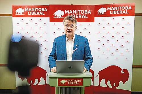 Daniel Crump / Winnipeg Free Press. Dougald Lamont, provincial Liberal party leader, demonstrates the set up for his speech for the Liberal party AGM, which is being held online this year. October 23, 2021.