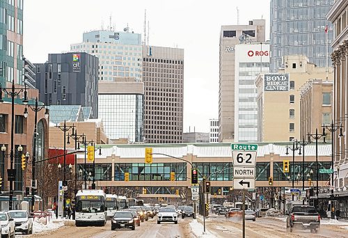 MIKE DEAL / WINNIPEG FREE PRESS

Downtown Winnipeg looking east along Portage Avenue from Balmoral Street Wednesday afternoon.

220126 - Wednesday, January 26, 2022.