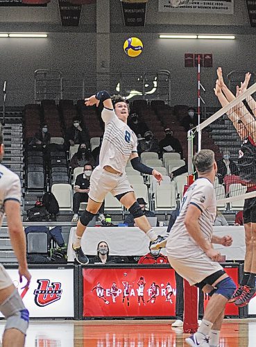 Jens Watt had a team-high 19 kills in the Brandon University Bobcats five-set win over Winnipeg on Thursday at the Duckworth Centre. (Thomas Friesen/The Brandon Sun)