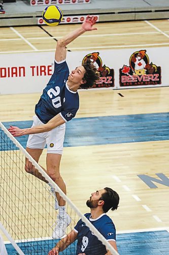 Brandon University Bobcats Paycen Warkentin spikes the ball against the University of Winnipeg Wesmen in a Canada West men&#x573; volleyball game at the Healthy Living Centre Saturday. (Chelsea Kemp/The Brandon Sun)