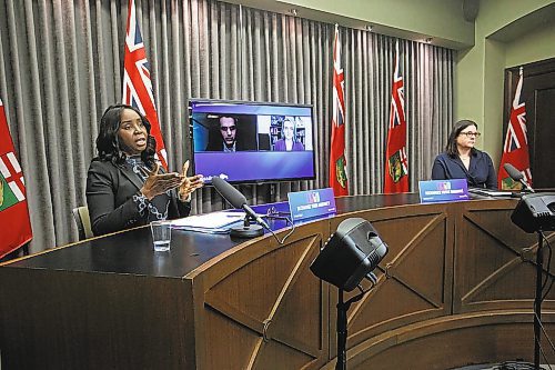 MIKE DEAL / WINNIPEG FREE PRESS

Premier Heather Stefanson (right), Health and Seniors Care Minister Audrey Gordon (left) and attending virtually, Dr. Jazz Atwal (left), deputy chief provincial public health officer, and Dr. Joss Reimer (right), medical lead, Vaccine Implementation Task Force, during the latest COVID-19 update at the Manitoba Legislative building Wednesday. 

220112 - Wednesday, January 12, 2022.