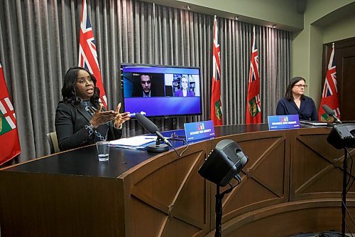 MIKE DEAL / WINNIPEG FREE PRESS

Premier Heather Stefanson (right), Health and Seniors Care Minister Audrey Gordon (left) and attending virtually, Dr. Jazz Atwal (left), deputy chief provincial public health officer, and Dr. Joss Reimer (right), medical lead, Vaccine Implementation Task Force, during the latest COVID-19 update at the Manitoba Legislative building Wednesday. 

220112 - Wednesday, January 12, 2022.