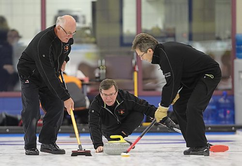 Carl German throws a rock during his game against Brent Strachan's rink in the opening draw of the 2011 Neil Andrews Legends Classic bonspiel at the Brandon Curling Club. German's 2002 Canadian senior championship rink earned a spot in the Manitoba Curling Hall of Fame Tuesday. (Tim Smith/Brandon Sun)