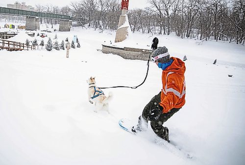 JESSICA LEE / WINNIPEG FREE PRESS



Jeremy Stevens&#x2019; work called a snow day so he and his dog Taiga went to The Forks. He is seen snowboarding down some steps at The Forks with Taiga on January 18, 2022.