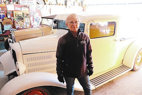 Barb Balanyk stands in front of her modified 1934 Ford pickup truck on Wednesday afternoon. The Brandon resident first built this hotrod from scratch with some help from her partner more than three decades ago and has been using it for long-distance road trips ever since. (Kyle Darbyson/The Brandon Sun)