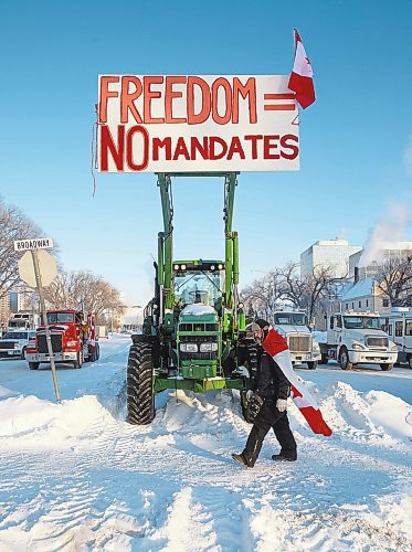 MIKE DEAL / WINNIPEG FREE PRESS

Protesters block the entrance to the Manitoba Legislative building on Broadway Avenue and have parked their trucks along Memorial early Friday morning.

220204 - Friday, February 04, 2022.