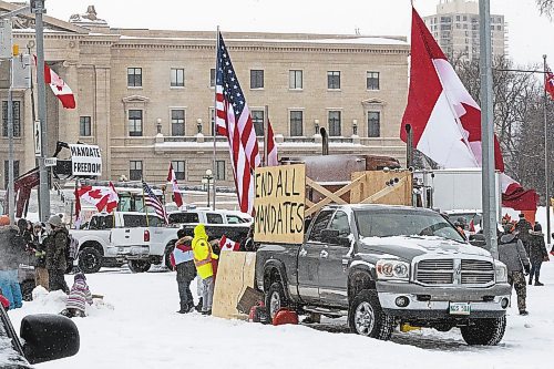 Daniel Crump / Winnipeg Free Press. The trucker convoy protest at the Manitoba legislature continues Saturday morning in Winnipeg. February 5, 2022.