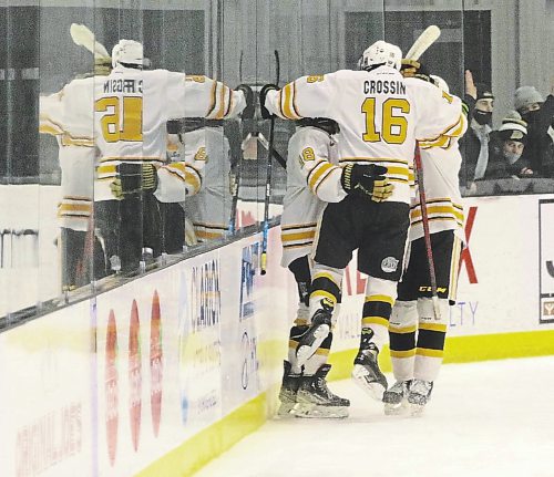 Brandon under-18 AAA Wheat Kings forward Nolan Chastko (18) stands at the boards as Calder Crossin (16) leaps into the air and Clarke Caswell (11) embraces him on the far side after he scored 49th goal of the season on Saturday in a 4-2 victory over the Eastman Selects at J&amp;G Homes Arena. The marker set a new Wheat Kings franchise record for goals in a season. (Perry Bergson/The Brandon Sun)
Feb. 5, 2022