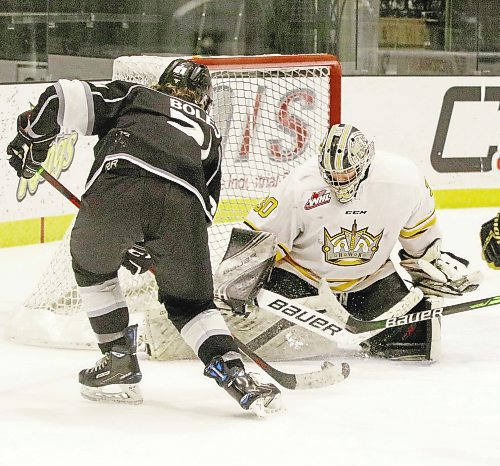 Eastman Selects forward Merik Boles (23) pounces on a rebound after Brandon Wheat Kings goalie KC Couckuyt made a save during Manitoba U18 AAA Hockey League action on Saturday at J&amp;G Homes Arena. The teams each won a 4-2 decision on the weekend. (Perry Bergson/The Brandon Sun)
Feb. 5, 2022