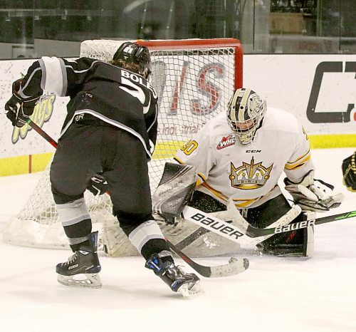 Eastman Selects forward Merik Boles (23) pounces on a rebound after Brandon Wheat Kings goalie KC Couckuyt made a save during Manitoba U18 AAA Hockey League action on Saturday at J&G Homes Arena. The teams each won a 4-2 decision on the weekend. (Perry Bergson/The Brandon Sun)