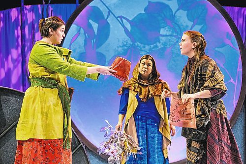 MIKAELA MACKENZIE / WINNIPEG FREE PRESS



Katherine MacLean as Ok&#xe2;naw&#xe2;pacik&#xea;w (left), Krystle Pederson as Grandmother Moon, and Mallory James as Eilidh play a key moment in the dress rehearsal of Frozen River at MTYP in Winnipeg on Wednesday, Feb. 23, 2022. For Jill story.

Winnipeg Free Press 2022.