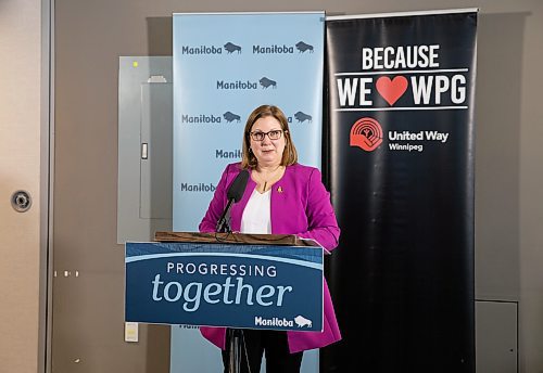 Mental Health and Community Wellness Minister Sarah Guillemard speaks at a press conference Thursday. (Winnipeg Free Press)