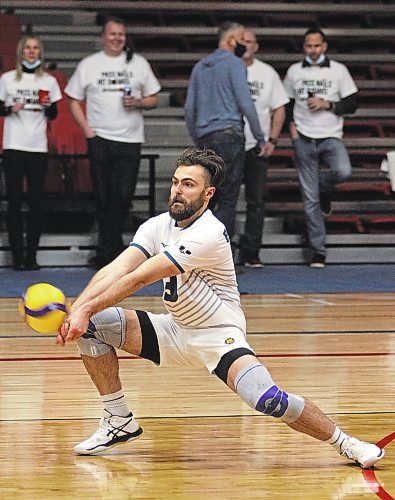 Brandon University Bobcats Jake Fleming digs a ball during Canada West men's volleyball action against the Winnipeg Wesmen at the Duckworth Centre on Saturday. (Thomas Friesen/The Brandon Sun)