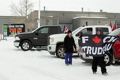 So-called freedom convoy protesters park at the COVID-19 testing site located at the Manitoba Emergency Services College Parking lot Saturday. A small group gathered at the site and left shortly after. (Chelsea Kemp/The Brandon Sun)