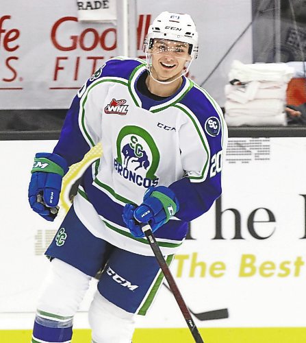 Swift Current Broncos forward Braeden Lewis smiles during his first Western Hockey League visit to Westoba Place on Oct. 16, 2021 prior to a game against the Brandon Wheat Kings. (Perry Bergson/The Brandon Sun)
Oct. 16, 2021