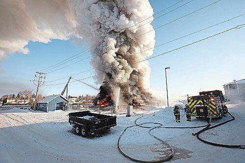 Brandon Sun 17022022

Brandon Fire and Emergency Services members battle a large fire that destroyed an apartment complex under construction on Victoria Avenue and 42nd Street in Brandon on a bitterly cold Thursday morning. Smoke from the blaze could be seen from across the city as it towered up into the clear sky. (Tim Smith/The Brandon Sun)