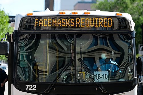 Daniel Crump / Winnipeg Free Press. The marquee on city buses reminds passengers that facemasks are now required on all city buses. August 29, 2020.