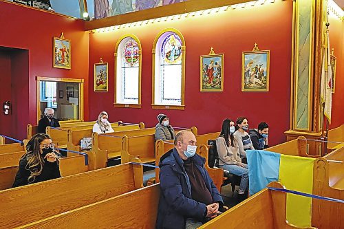 24022022
Approximately 15 Brandonites, mostly Ukrainians with family and friends still in Ukraine, took part in a special prayer service on Thursday evening at St. Mary's Ukrainian Catholic Church on Assiniboine Avenue, held in response to Russia invading Ukraine. (Tim Smith/The Brandon Sun)
