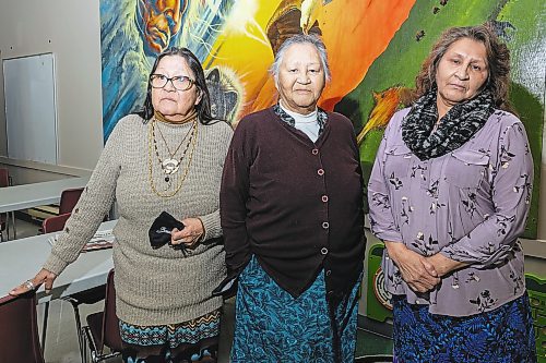 Healing the Family Within session participants Julia Brandon, left, Alice Rose Clearsky and Linda Clearsky at the Mahkaday Ginew Memorial Centre Friday. (Chelsea Kemp/The Brandon Sun)