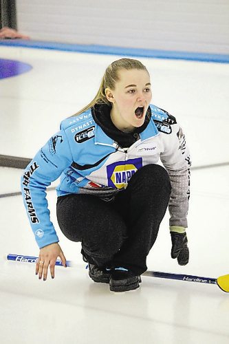 Tansy Tober reacts to a shot during her rink's game against Morgan Mauget at the Brandon Curling Club Sunday. (Lucas Punkari/The Brandon Sun)