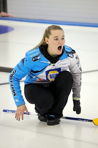 Tansy Tober reacts to a shot during her rink's game against Morgan Mauget at the Brandon Curling Club Sunday. (Lucas Punkari/The Brandon Sun)