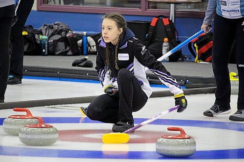 McCreary's Zoey Terrick has led her rink from the Neepawa Curling Club to a 3-1 record heading into Saturday morning's draw at the junior provincial curling championships at the Brandon Curling Club. (Lucas Punkari/The Brandon Sun)