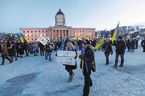 Daniel Crump / Winnipeg Free Press. Thousands gathered at the Manitoba legislature in Winnipeg Saturday evening to show their support for Ukraine. February 26, 2022.