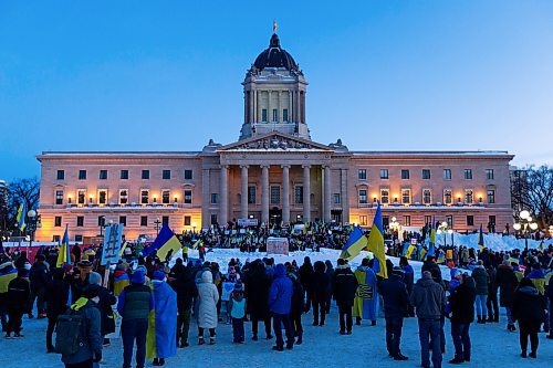 Daniel Crump / Winnipeg Free Press. Thousands gathered at the Manitoba legislature in Winnipeg Saturday evening to show their support for Ukraine. February 26, 2022.