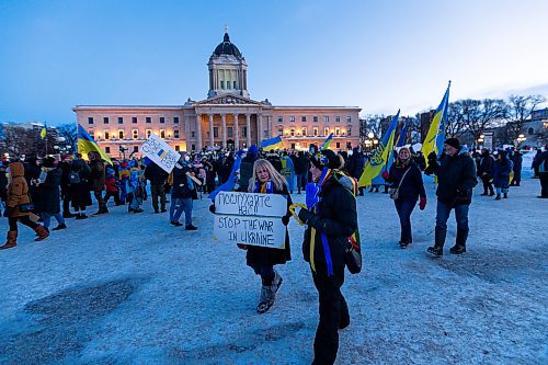 Daniel Crump / Winnipeg Free Press. Thousands gathered at the Manitoba legislature in Winnipeg Saturday evening to show their support for Ukraine. February 26, 2022.