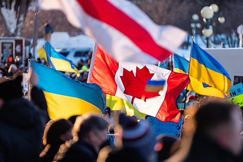 Daniel Crump / Winnipeg Free Press. Thousands gathered at the Manitoba legislature in Winnipeg Saturday evening to show their support for Ukraine. February 26, 2022.