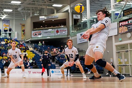 Brandon University Bobcats Jens Watt digs a University of Manitoba Bisons attack in their Canada West men's volleyball match at the Healthy Living Centre Saturday. (Chelsea Kemp/The Brandon Sun)