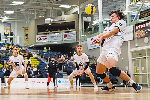 Brandon University Bobcats Philipp Lauter, left, Rylan Metcalf and Jens Watt take on the University of Manitoba Bisons in a Canada West men&#x573; volleyball game at the Healthy Living Centre Saturday. (Chelsea Kemp/The Brandon Sun)