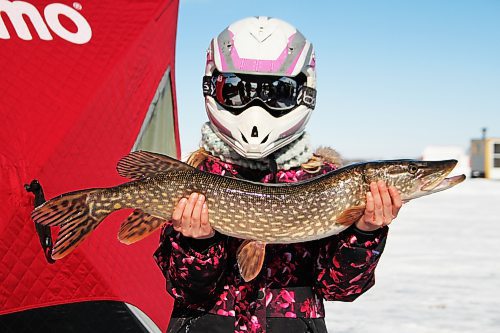 Charlee Flickweert, 8, holds the pike she caught in the Jigging for Jacks Ice Fishing Derby before it was released back into the wild. She won first place in the youth division. (Photos by Karen McKinley/The Brandon Sun)