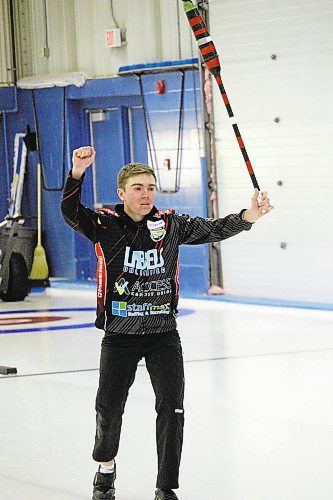 Jordon McDonald celebrates after winning the Manitoba junior men's provincial curling title on Sunday morning at the Brandon Curling Club. (Lucas Punkari/The Brandon Sun)