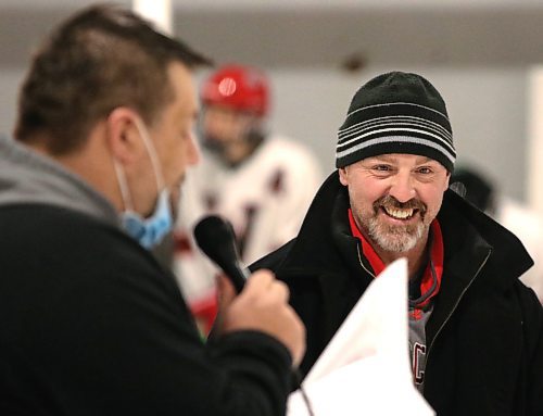 GCB Wildcats head coach Corey Forbes chuckles as Ryan Diehl makes a joke during a pre-game ceremony marking Forbes’ 800th game behind the bench with the Westman High School Hockey League team on Saturday at Glenboro Arena. (Perry Bergson/The Brandon Sun)
Feb. 26, 2022