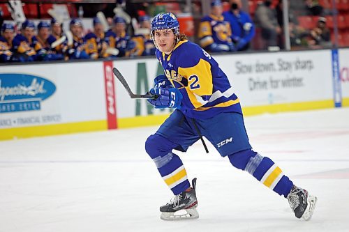 Saskatoon Blades defenceman Ben Saunderson of Carberry is shown in Western Hockey League action against the Brandon Wheat Kings on Friday evening. The second-year player has enjoyed a completely different WHL experience this season. (Tim Smith/The Brandon Sun)