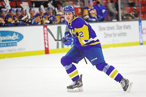 Saskatoon Blades defenceman Ben Saunderson of Carberry is shown in Western Hockey League action against the Brandon Wheat Kings on Friday evening. The second-year player has enjoyed a completely different WHL experience this season. (Tim Smith/The Brandon Sun)